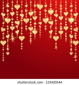 Valentines day card with hanging golden hearts