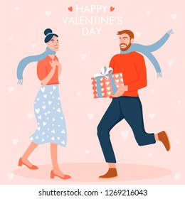 Valentine's day card with happy couple. Man giving to his woman a gift box. Vector illustration.
