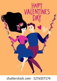 Valentine's day card with a happy couple riding on a swing. Vector illustration in cartoon style 