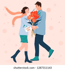 Valentine's day card with happy couple. Man giving to his woman a bouquet of flowers. Vector illustration.