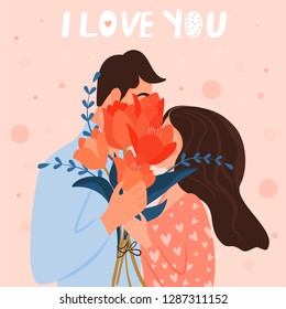 Valentine's day card with happy couple. Man kissing his woman. The bouquet closed faces, hid sweet couple. Vector illustration.