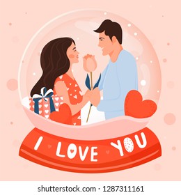 Valentine's day card with happy couple. Snow globe with couple in love. Man giving to his woman a flower. Vector illustration.