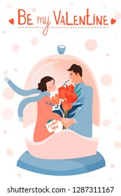 Valentine's day card with happy couple. Snow globe with couple in love. Man giving to his woman a bouquet of flowers. Vector illustration on white background.