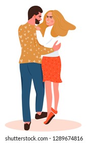 Valentine's day card with happy couple. Man hugging his lady. Vector illustration on white background.