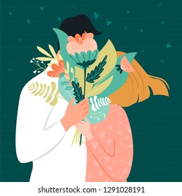 Valentine's Day Card With Happy Couple. Man Giving To His Woman A Bouquet Of Flowers. Vector Illustration.