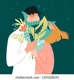 Valentine's day card with happy couple. Man giving to his woman a bouquet of flowers. Vector illustration.