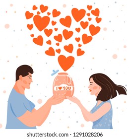 Valentine's day card with happy couple. Couple with glass jar full of hearts blowing air kisses in the shape of a heart. Vector illustration.
