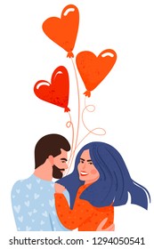 Valentine's day card with happy couple. Cute woman and her boyfriend with balloons in the shape of a heart. Vector illustration on white background.