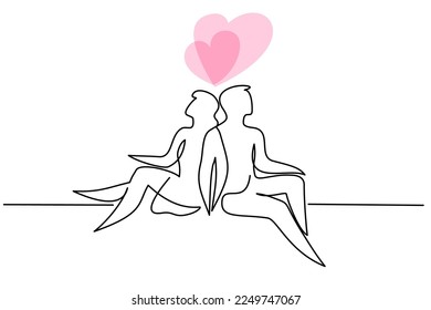 Valentines day card. Happy couple woman and man sitting and kissing. Continuous one line drawing. Vector illustration