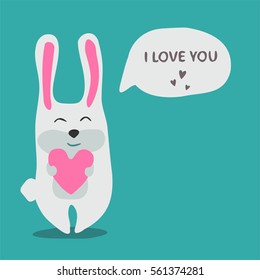Valentine's Day card. Happy cute rabbit holds red heart in hand. Message I love you. Vector illustration.