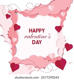 Valentines day card. Happy valentines day greeting. Paper cut clouds with paper hearts. Vector illustration. Used for banner, greeting card or presentation background