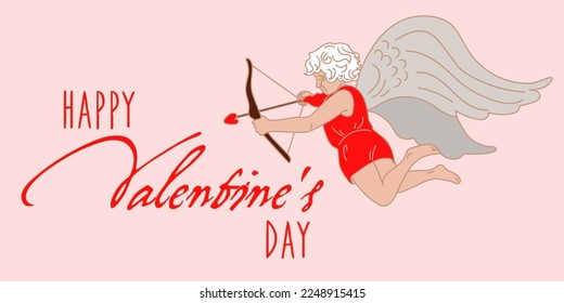 A Valentine's Day card. Happy Valentine's Day inscription on a delicate background. Baby Cupid shoots arrows at flying hearts. Printing on paper postcard, banner