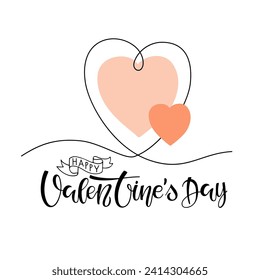 Valentines Day card. Happy Valentines Day text with Continuous one line drawing Heart. Vector phrase isolated on white background to Valentines day. For flyers, invitation, poster, brochure, banner