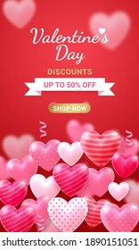 Valentine's day card with Heart 3D and ribbon background.
