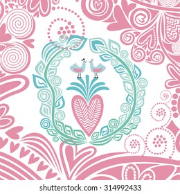 Valentines day card heart birds vector illustration