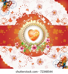 Valentine's day card. Heart and butterflies over springtime background