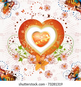 Valentine's day card. Heart and butterflies over springtime background