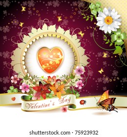 Valentine's day card. Heart and butterflies over springtime background