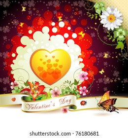Valentine's day card. Heart and butterflies over springtime background