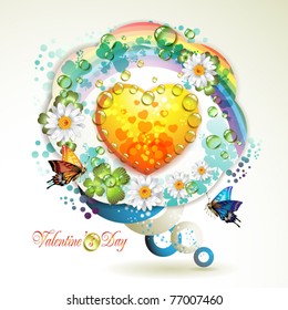Valentine's day card. Heart and butterflies over springtime background