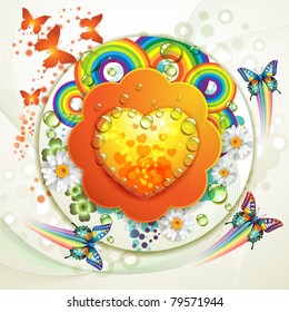 Valentine's day card. Heart and butterflies over springtime background