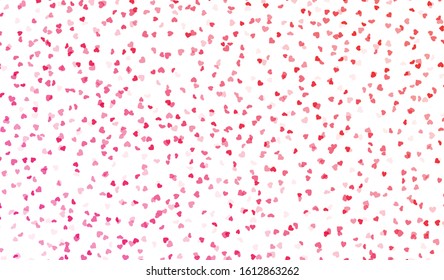 Valentines day card. Heart confetti falling over gradient pink background for greeting cards, wedding invitation. Vector illustration.