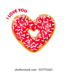 Valentine's Day card. Heart donut with red glaze on  white background