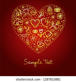 Valentine's Day card. The heart of gold consists of icons of ladies' things. The place for the text. Vector illustration.