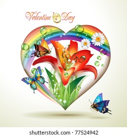 Valentine's day card. Heart with lily and butterflies