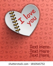 Valentines day card with heart, Paper tab in the form of heart,  Vector web element design, Square with information sectors under, Valentines day background, Vector illustration