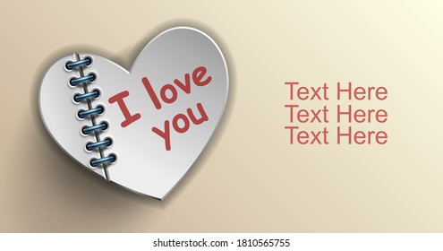 Valentines day card with heart, Paper tab in the form of heart,  Vector web element design, Square with information sectors under, Valentines day background, Vector illustration