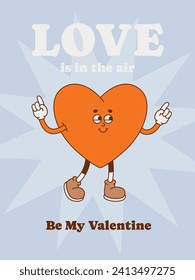 Valentine's day card with heart retro character. Vector illustration in trendy retro cartoon style. 