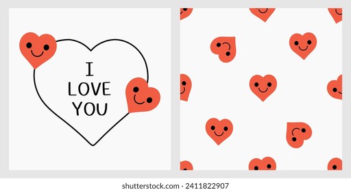 Valentine's day card with heart shape and red heart cartoons isolated on white background. Seamless pattern with red heart cartoons on white background vector illustration.