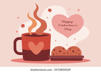 Valentine's Day Card With Heart Shape, Coffee Mug, and Cookies