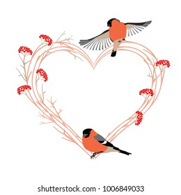 Valentine's Day card with heart shaped frame from rowan tree branches and bullfinches. Soft pink color frame for valentines design. Vector illustration isolated on white background