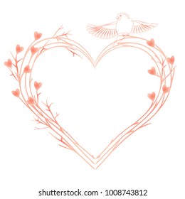Valentine's Day card with heart shaped frame from tree branches and birds. Soft pink color frame for valentines design. Watercolor vector illustration isolated on white background