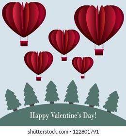 Valentine's Day card with heart shaped balloons flying over the landscape