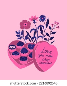 Valentine's day card with heart shaped box of chocolates. Vector graphics.