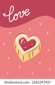 Valentine's Day Card with Heart shaped cookie. Simple cute greeting card. Vector illustration.