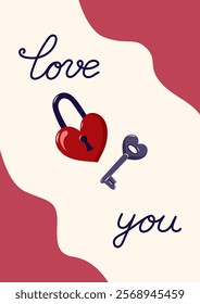 Valentine's Day Card with Heart shaped lock and key. Simple cute greeting card. Vector illustration.