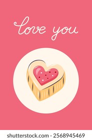 Valentine's Day Card with Heart shaped cookie. Simple cute greeting card. Vector illustration.