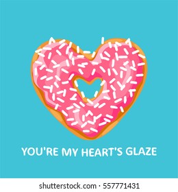 Valentine's Day card. Heart shaped donut with pink glaze on  blue background