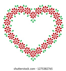 Valentines day card. Heart in thick red flowers with green petals