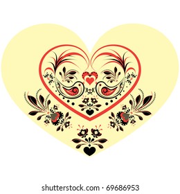 Valentine's day card with hearts, birds and  flowers