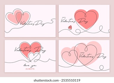 Valentines day card. Hearts continuous one line. Red hearts in one line sketch style, Love and care, Valentines day concept. Simple heart linear design isolated vector set.