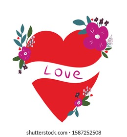 Valentine's day card with hearts and flower and text Love. Vector illustration