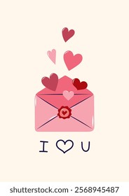 Valentine's Day card with hearts flying out of open envelope. Simple cute greeting card. Vector illustration.