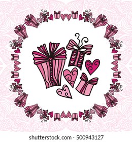 Valentines day card with hearts and gifts. Vector illustration.
