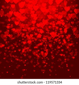 Valentine's Day card with hearts on red background. Falling hearts shiny decoration effect. Vector hearts pattern. Magic bokeh texture backdrop illustration