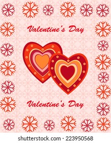 valentine's day card.two hearts on a background with snowflakes, vector